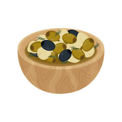 Vector illustration of  marinating mozzarella cheese balls with olive on a wooden bowl