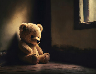 Sad and lonely teddy bear at the floor in the corner of dark room. Child abuse, depression or mental illness concept.