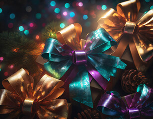 Luxury wrapped Christmas gifts decorated with colourful shiny bows