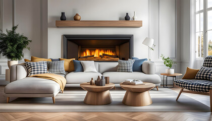 Fototapeta premium Cozy modern room design with white sofa and fireplace, cozy peaceful atmosphere of a beautiful home, modern space design,