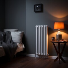 White metal heating radiator installed near the wall inside the room.Modern radiator in the central heating system.House heating