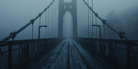 The eerie silhouette of a suspension bridge emerges through dense fog and rain
