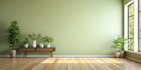 Bright, empty space with a rich wooden floor, set against soft, natural green walls