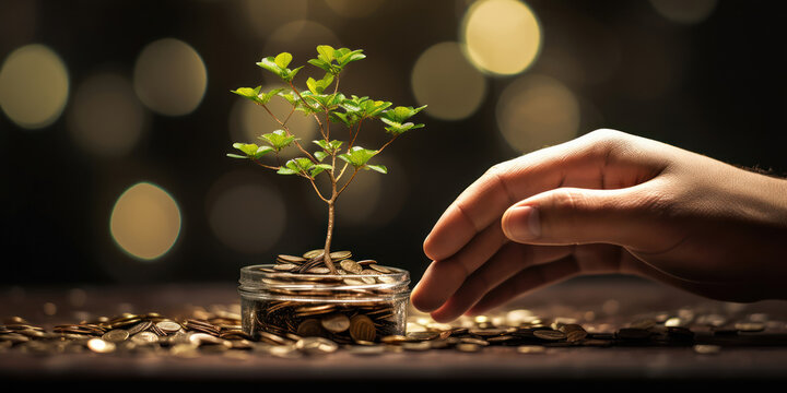 The nurturing touch of a hand on a tiny tree emerging from coin stacks, representing financial growth and environmental care