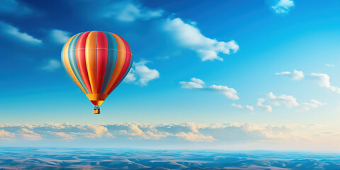 Vibrant hot air balloon floats gracefully in a sky of deep azure blue