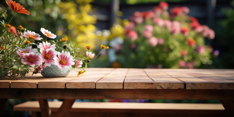 Simple wooden table in the foreground, with a vibrant garden visible behind