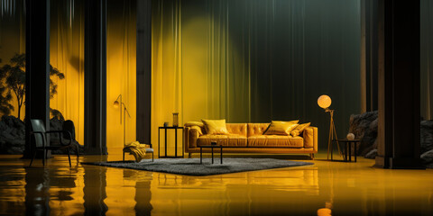 Dark room comes to life with a striking yellow highlighted floor, casting a warm glow