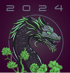 Dragon 2024 banner. Vector poster calendar oriental Chinese New Year. Year of the Dragon paper cut. Bright colored zodiac dragon. Poster card