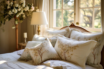 Country farm house bedroom close up of patterned pillows and headboard set against a window with a forest view traditional interior room design mook up