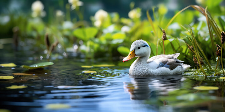Peaceful duck swims on a calm blue lake, surrounded by lush greenery