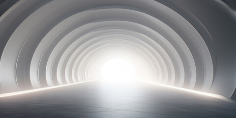 Tunnel emitting a bright light, contrasted with a soft grey, misty background