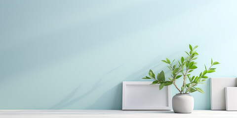 Lush greenery encircles a blank frame, contrasting with a calm pastel blue wall - obrazy, fototapety, plakaty