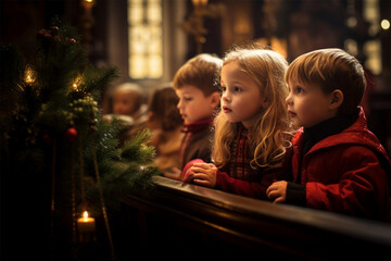 three children sitting in church on Christmas Eve. - obrazy, fototapety, plakaty