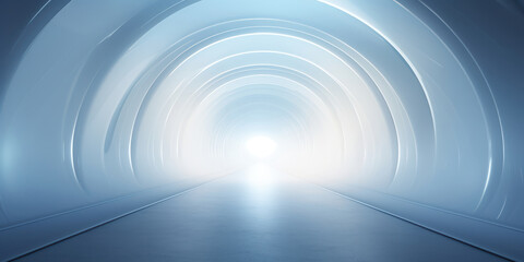 Tunnel emitting a bright light, contrasted with a soft grey, misty background