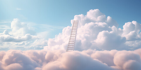 Ladder reaches towards a sky of fluffy white clouds against a clear blue backdrop - obrazy, fototapety, plakaty