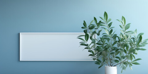 Lush greenery encircles a blank frame, contrasting with a calm pastel blue wall