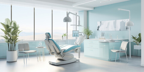 Fototapeta na wymiar Modern dental room with sleek design, set against calming light blue walls