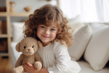Beautiful curly girl with a plush bear on the sofa 