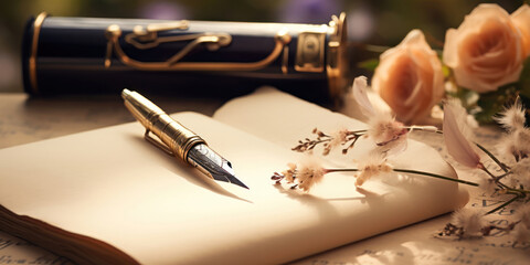 The elegance of a fountain pen lying on an antique paper, hinting at the start of a story - obrazy, fototapety, plakaty