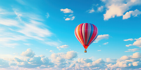 Fototapeta na wymiar Vibrant hot air balloon floats gracefully in a sky of deep azure blue
