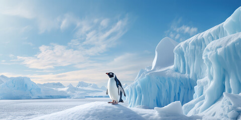 Solitary penguin on an iceberg, with a backdrop of a snowy Antarctic landscape