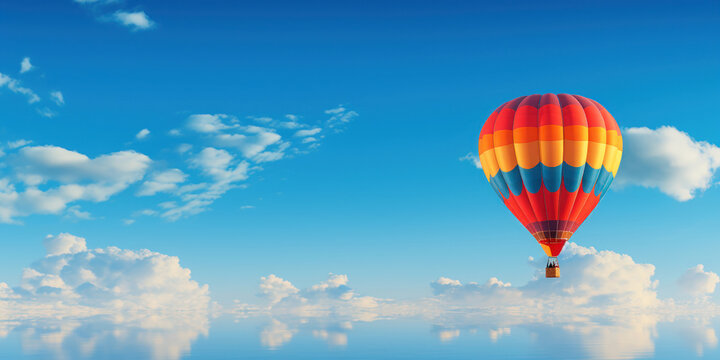 Vibrant hot air balloon floats gracefully in a sky of deep azure blue
