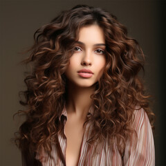 Portrait of an attractive beautiful young woman with long curly brown hair on a dark background. content for beauty salons on social networks