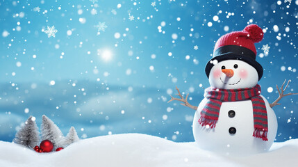 Naklejka na ściany i meble Illustration de Noël. Bonhomme de neige avec bonnet et écharpe. Ambiance hivernale, familiale et festive. Dessin pour conception et création graphique. 