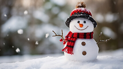 Obraz premium Illustration de Noël. Bonhomme de neige avec bonnet et écharpe. Ambiance hivernale, familiale et festive. Dessin pour conception et création graphique.