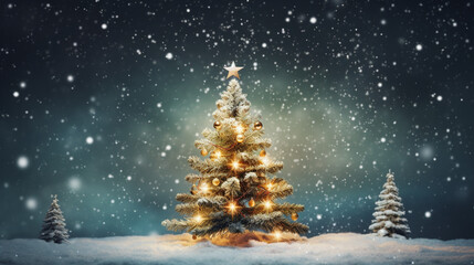 Sapin de Noël avec décoration, boule et étoile. Extérieur, ciel, neige. Fond pour conception et création graphique. Ambiance familiale, festive et hivernale.	
