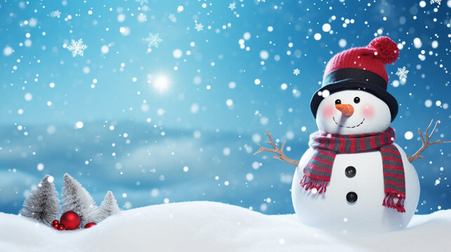 Illustration de Noël. Bonhomme de neige avec bonnet et écharpe. Ambiance hivernale, familiale et festive. Dessin pour conception et création graphique.	