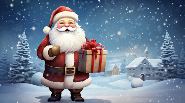 Illustration de Noël. Père Noël avec neige et cadeaux. Ambiance hivernale, familiale et festive. Dessin pour conception et création graphique.	