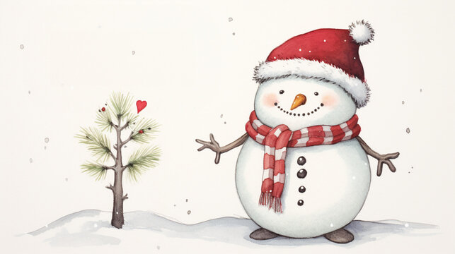 Illustration de Noël. Bonhomme de neige avec bonnet et écharpe. Ambiance hivernale, familiale et festive. Dessin pour conception et création graphique.	