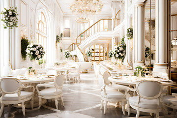 snow-white interior of a luxurious bright restaurant with tables and chairs. decorated with gold and decorated with flowers