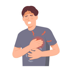 Man with heart palpitations disease holding his chest with tremor hands. modern trendy style. Hand drawn vector character illustration. Isolated on white background.