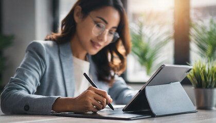businesswoman confidently signs on a digital tablet, symbolizing efficiency, modernity, and seamless online transactions in a professional setting - obrazy, fototapety, plakaty