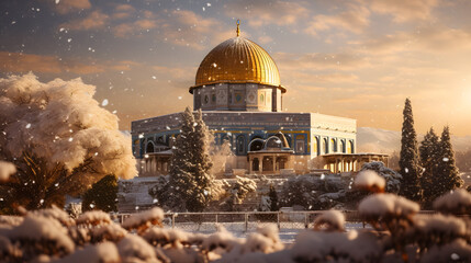 Beautiful picture of Al-Aqsa mosque in winter with the snow - obrazy, fototapety, plakaty