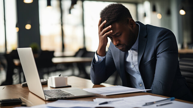 as a worried young male businessman receives bad news on his phone. Picture him sitting at his desk, visibly upset, as he reads a distressing message or mail. The businessman holds his head