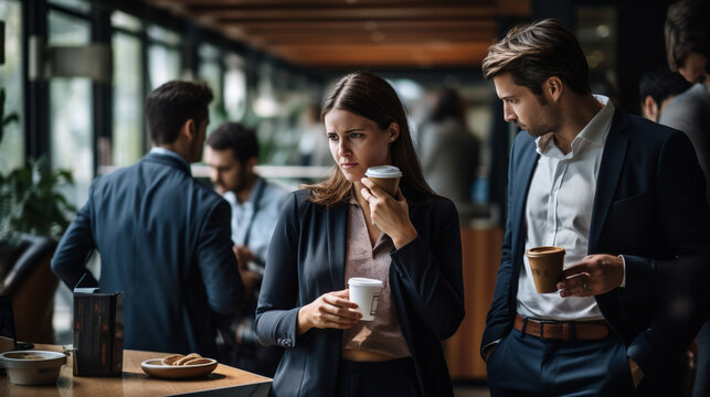 workplace as a group of happy business people takes a coffee break. Picture them gathered in a communal area, enjoying a moment of camaraderie and relaxation