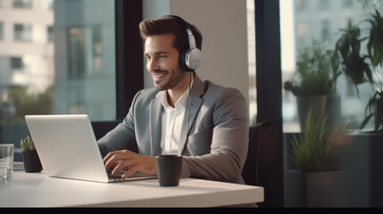 
Step into the modern office environment as a young businessman, donned in a headset, engages in a video call on a laptop. Picture him seated at a table
