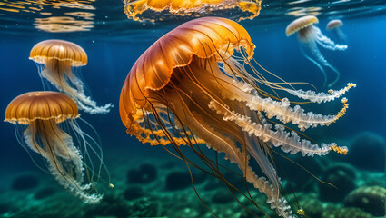 jellyfish in the sea,
ellyfish in the sea at the surface of the water ,
Mystical Oceanic Glow Enchanting Jellyfish
Mystical Oceanic Glow Enchanting Jellyfish