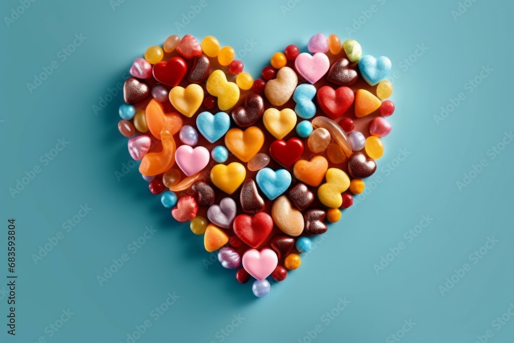 Poster multi-colored small candies with a heart-shaped layout. background with selective focus and copy spa