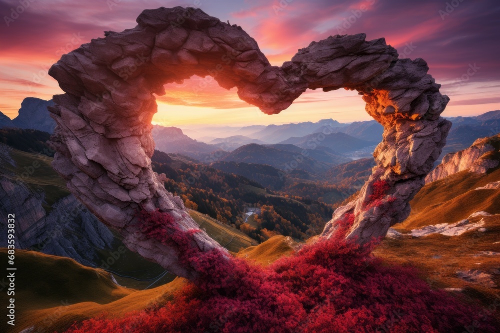 Poster natural stone arch in the shape of a heart. background with selective focus and copy space