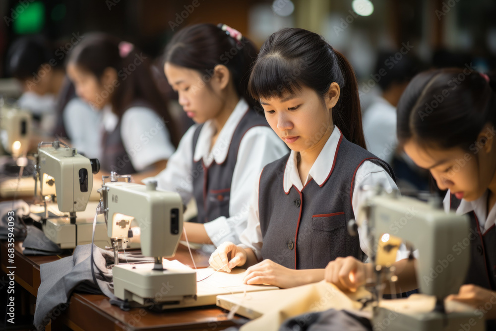 Poster workers at an asian garment factory at work. background with selective focus and copy space