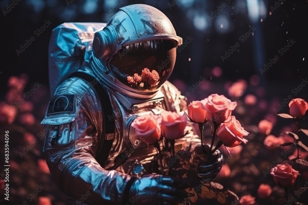 Poster astronaut with a bouquet of flowers. background with selective focus and copy space