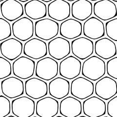 A black and white seamless abstract pattern featuring a honeycomb motif in a mesh-like design on white backdrop