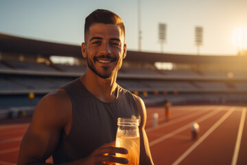 Male runner with isotonic drink after training. Background with selective focus and copy space