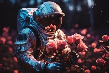Astronaut with a bouquet of flowers. Background with selective focus and copy space