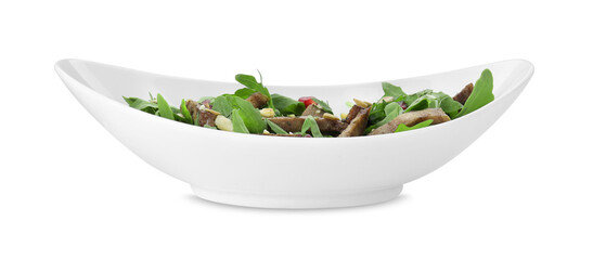 Delicious salad with beef tongue, arugula and seeds isolated on white