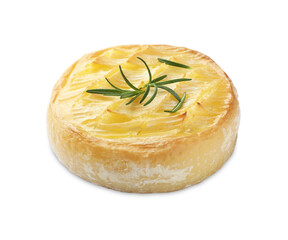 Tasty baked brie cheese with rosemary isolated on white